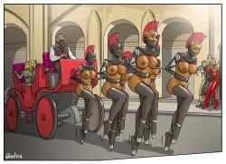 10girls 3boys bondage cart_pulling erenisch high_heels illustration legal_slavery ponygirl ponyplay stockings