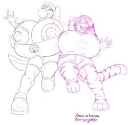 2010 2girls amber_(anjuneko) anthro areolae badgerben beverly_(badgerben) big_breasts breasts clothing duo feline female female_only fur furry happy huge_breasts hyper hyper_breasts large_breasts mario_(series) nintendo nipples one_leg_up sketch smile tiger video_games white_background yoshi