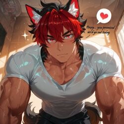 ai_assisted ai_generated animal_ears animal_tail bara biceps big_moobs big_pecs black_hair dialogue dog_boy dog_ears dog_tail fang fangs glistening glistening_body heart heart_symbol komano_manato komano_manato_(zenless_zone_zero) looking_at_viewer multicolored_hair muscular muscular_biceps muscular_male red_eyes red_hair sfw sweat sweating sweaty_body ventvert4 zenless_zone_zero