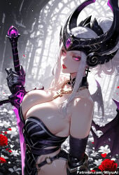 1girl ai_assisted ai_generated artist_name bare_shoulders breasts chain cleavage curvaceous curvy curvy_female curvy_figure elbow_gloves female flower gloves headpiece holding horns large_breasts league_of_legends lips long_hair looking_at_viewer miyuai parted_lips petals ponytail purple_eyes red_flower red_rose rose rose_petals sitting solo syndra thick thick_ass thick_butt thick_hips thick_legs thick_thighs voluptuous voluptuous_female watermark weapon white_hair wide_hips wide_thighs wings
