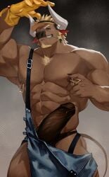 1boy abs animal_ears bara black_male_underwear bulge claws commentary cow_boy cow_ears cow_horns cow_tail dallawan_(xxl) earrings erection erection_under_clothes furry furry_male gloves grin highres horns jewelry looking_at_viewer male_focus male_underwear mouth_hold muscular muscular_male nipple_piercing nipple_rings nipple_stimulation nipple_tweak nipples overalls pectorals penis piercing ring_piercing single_earring single_glove smile stalk_in_mouth sweat tail underwear untranslatable_commentary visor_cap wan_ma_(wanma222) xxl_woofia yellow_gloves