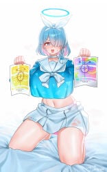 1girl aged_up arona_(blue_archive) big_breasts blue_archive blue_eyes halo meme meme_reference one_eye_covered shangdi_de_fa_zhang solo solo_female thick_thighs