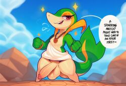 ai_generated anthro balls big_balls big_penis bodily_fluids dialogue english_text erection generation_5_pokemon genitals glans green_body hellsonger humanoid_genitalia humanoid_penis jewelry looking_at_viewer male necklace nintendo open_mouth outside penis pokemon pokemon_(species) red_eyes scalie smile snivy solo solo_male speech_bubble tail tan_genitals text thick_thighs