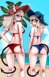 2girls alternate_version_available ass back back_view backboob beach big_ass bikini bikini_bottom bikini_top blue_bikini bottomwear breasts demon demon_girl demon_horns demon_tail eyewear female female_only flower flower_in_hair glasses hair hair_ornament hand_on_hip hat headwear helltaker hips horns looking_back lucifer_(helltaker) medium_breasts pandemonica_(helltaker) red_bikini red_eyes small_breasts sunglasses swimwear tail teroky thighs topwear white_hair