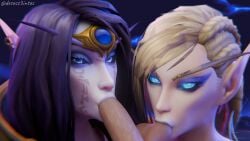 1boy 2girls 3d 3d_(artwork) alleria_windrunner black_hair blonde_hair blowjob blue_eyes desess3intes double_blowjob double_fellatio elf fellatio looking_at_viewer pov render tagme world_of_warcraft xal'atath