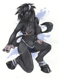 anklet anthro black_hair blue_eyes bovine bra breasts cameltoe chains death_knight female hair hooves horns kneeling korrok looking_at_viewer nimzana nipple_piercing nipples nude piercing skeleton skimpy solo tauren warcraft world_of_warcraft