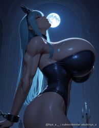 1girl ai_generated bangs bare_shoulders black_leotard blue_eyes blue_hair breasts chain cuffs from_side full_moon highleg_leotard huge_breasts leotard long_hair moon muscular muscular_female night night_sky nyx_x parted_lips questionable sky solo_focus strapless thick_thighs thighs