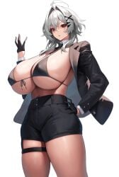 1girls absurd_res between_breasts big_breasts bikini black_bikini black_gloves black_jacket black_necktie black_skirt breasts breasts_bigger_than_head clothes_between_breasts detached_collar gloves grey_hair hair_between_eyes hand_on_hip hand_on_own_hip highres huge_breasts jacket looking_at_viewer medium_hair necktie necktie_between_breasts open_clothes open_jacket original red_eyes simple_background skirt solo solo_female solo_focus standing strap_gap swimsuit thick_thighs thigh_strap thighs white_background yamanokami_eaka