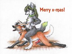 2009 all_fours anthro bells canine caption christmas digitigrade domination female femdom fuckie fuckie_(character) fur furry highlights holidays male open_mouth penis piercing raksha reindeer_(character) riding straight teeth tongue wolf