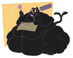 almost_immobile apron apron_only batter belly_touching_ground big_breasts black_body black_cat black_fur blue_mouth chubby_face claws clothing_damage cuddly dialogue excited fat fat_arms fat_female fat_folds happy huge_arms huge_breasts ill_fitting_clothing massive_belly massive_thighs navel obese obese_female oc overweight overweight_female smokii spatula straps_across_chest tail talking_to_viewer wagging_tail yellow_eyes