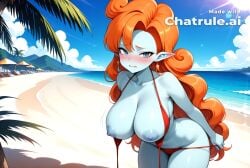 1girl ai_assisted ai_generated anime_screencap bare_shoulders bashful beach bikini blue_eyes blue_skin blue_sky blush blushing collarbone colorful contrast curvaceous curvy daytime detailed_face dramatic_lighting eyelashes full_breasts highly_detailed hourglass_figure large_breasts long_hair looking_at_viewer loose_bikini motion_lines naked narrow_waist nipples orange_hair oversized_breasts parted_lips pointy_ears round_breasts sand sea short_girl shortstack shy soft_breasts soft_thighs spherical_breasts sun thick_thighs top_heavy undressing voluptuous wavy_mouth white_clouds wide_hips zangya