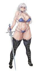 1girl 1girls big_breasts blue_bra blue_panties boots bra breasts butterfly_hair_ornament cleavage commentary english_commentary female full_body grey_hair hair_ornament highres huge_breasts long_sidelocks mole mole_on_breast muscle_mommy muscular muscular_female navel panties phase_connect short_hair sidelocks solo standing sword tezy8art thick thick_thighs thigh_boots thighs tits underwear virtual_youtuber vtuber weapon white_background wide_hips wilhelmina_frost