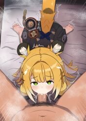 1boy 1girl absurdres all_fours animal_ear_fluff animal_ears barefoot blonde_hair blush bow censored clothed_female_nude_male colored_inner_hair commentary_request cum cum_in_mouth ejaculation feet fellatio green_eyes hetero highres ju_fufu licking licking_penis long_hair looking_at_viewer mosaic_censoring multicolored_hair navel ng1sh8 nude on_bed oral penis pubic_hair soles solo_focus striped_fur striped_hair tail tail_bow tail_ornament textless_version tiger_ears tiger_girl tiger_stripes tiger_tail toes white_hair zenless_zone_zero