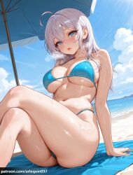 1girl ahoge ai_generated alisa_mikhailovna_kujou arlequin097 arm_support ass bare_arms bare_legs bare_shoulders beach beach_towel beach_umbrella bikini blue_bikini blue_eyes blue_sky blush breasts breath cleavage cloud collarbone crossed_bangs crossed_legs day feet_out_of_frame hair_between_eyes heavy_breathing highleg_bikini large_breasts lips long_hair looking_at_viewer navel ocean outdoors parted_lips sand sitting sky solo stomach string_bikini sunlight sweat swimsuit thighs tokidoki_bosotto_russian_de_dereru_tonari_no_alya-san towel umbrella underboob wet white_hair