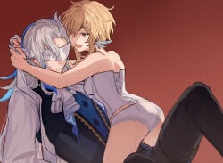 1boy 1girls bigger_male blindfold blonde_female blonde_hair corset female genshin_impact hoyoverse lingerie long_hair lumine_(genshin_impact) male male/female neuvillette_(genshin_impact) panties size_difference smaller_female straight