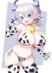 1girls bell_collar bikini blue_eyes blush boobs bottle collar cow_bell cow_bikini cow_print cow_print_bikini curvy female female_only fringe gloves hi_res huge_breasts konami labrynth_of_the_silver_castle legwear light_skin looking_at_viewer lovely_labrynth_of_the_silver_castle milk_bottle navel one_arm_up one_hand_up open_mouth pointy_ears pose princess queen smile solo standing thighs twin_drills twintails white_hair yu-gi-oh!