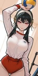1girls ai_generated arm_up black_hair breasts buruma female gym hair_ornament hairband holding indoors long_sleeves looking_at_viewer molamaxuy naughty_face perfect_body red_eyes shirt shorts sidelocks smile solo sports_uniform sportswear spy_x_family thigh_gap volleyball yor_briar