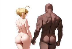 ahoge ai_generated ass ass_focus back_view bald bald_male big_ass blonde_hair completely_nude couple fate/stay_night fate/zero fate_(series) green_eyes hand_holding happy_couple interracial interracial_couple large_ass medium_breasts muscular_male naked nipples saber saber_(fate)