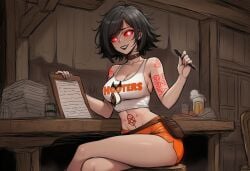 1girls ai_generated alastrine_(paigen) black_hair black_lips breasts choker clothed clothes clothing collar cultist female freckles glowing_eyes glowing_tattoo hooters hooters_uniform horror horror_(theme) medium_breasts medium_hair original original_character paigen pouch red_sclera runes shirt shorts tattoo tattoo_on_arm tattoo_on_belly white_eyes womb_tattoo
