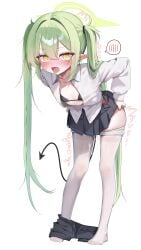 1girl absurdres black_shorts black_skirt black_tail blue_archive blush clothes_pull commentary_request cum cum_on_body cum_on_clothes cum_on_legs demon_tail drawing_flover ear_blush fang full_body green_hair green_halo halo heart heart-shaped_pupils highres leaning_forward long_hair nozomi_(blue_archive) open_mouth pantyhose pantyhose_pull pointy_ears shirt shorts simple_background skin_fang skirt solo standing symbol-shaped_pupils tail tongue tongue_out twintails undressing very_long_hair white_background white_pantyhose white_shirt yellow_eyes