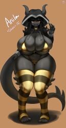 absurd_res big_breasts black_body feet gipehtyboon gold_bikini horns huge_breasts huge_thighs looking_at_viewer oc original shy tail thick_thighs