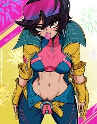 1girls abs asian_female black_hair blowing_bubblegum bubble_gum bush collar female female_focus female_only glasses high-angle_view jacket jubilee looking_at_viewer lordguyis marvel marvel_rivals no_panties patreon patreon_url pube_peek pubes pubes_exposed pubic_hair scar short_hair solo solo_female solo_focus x-men yellow_eyes