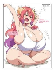 1girls barefoot bra breasts cleavage closed_eyes curvy curvy_figure eduardo31267693 female female_only full_body huge_breasts ilulu_(dragon_maid) kobayashi-san_chi_no_maidragon miss_kobayashi's_dragon_maid open_mouth page_1 panties sitting sitting_criss_cross solo solo_female spanish_text text waking waking_up yawning