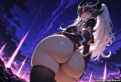 1girl ai_assisted ai_generated armor ass ass_support black_legwear breasts bridal_gauntlets curvaceous curvy curvy_female curvy_figure female helmet huge_ass large_breasts league_of_legends lips long_hair looking_at_viewer looking_back miyuai night night_sky purple_eyes shooting_star silver_hair sky solo star_(sky) starry_sky syndra thick thick_ass thick_butt thick_hips thick_legs thick_thighs thighhighs thighs vambraces voluptuous voluptuous_female wide_hips wide_thighs