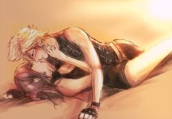 1boy 1girls aranea_highwind bare_legs between_legs blonde-haired_male blonde_hair blush cleavage crotch_rub face_to_face female final_fantasy final_fantasy_xv freckles imminent_kiss looking_at_partner male male/female male_on_top passionate prompto_argentum romantic sleeveless straight video_game_character