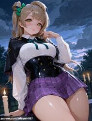 1girl ai_generated arlequin097 arm_support black_capelet blush bow breasts brown_hair candle capelet closed_mouth cloud cloudy_sky collared_shirt corset dress_shirt green_bow hair_bow hair_rings hand_up large_breasts leaning_back light_brown_hair lips long_hair long_sleeves looking_at_viewer love_live! love_live!_school_idol_project minami_kotori miniskirt neck_ribbon night night_sky one_side_up outdoors plaid plaid_skirt pleated_skirt purple_skirt ribbon school_uniform shirt single_hair_ring skirt sky smile solo thick_thighs thighs underbust white_shirt yellow_eyes