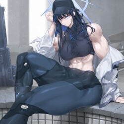 1girls 702_96 absurd_res blue_eyes hat muscular muscular_arms muscular_female muscular_thighs saori_(blue_archive) sitting solo solo_female solo_focus