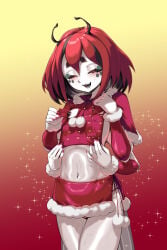 antennae_(anatomy) arthropod_girl beastiez beribug blush blushed_face breasts christmas_outfit clothed exposed_nipples female flat_chest grey_skin heart-shaped_pupils insect_girl marking_below_eyes monster_girl multi_arm painted_nails red_hair red_nails sedua_weynn small_breasts sweat