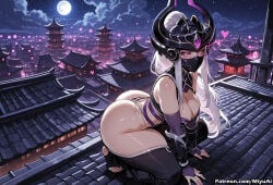 1girl ai_assisted ai_generated all_fours arched_back artist_name ass bare_shoulders barefoot breasts building city cleavage cloud curvaceous curvy curvy_female curvy_figure female fingerless_gloves full_body full_moon gloves heart large_breasts league_of_legends long_hair looking_at_viewer mask miyuai moon mouth_mask nail_polish night night_sky ninja pink_eyes purple_eyes red_moon sky solo star_(sky) starry_sky succubus syndra thick thick_ass thick_butt thick_hips thick_legs thick_thighs thighhighs toeless_legwear voluptuous voluptuous_female white_hair wide_hips wide_thighs