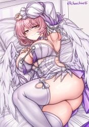 1girl absurdres angel_wings arm_up armpits bed bed_sheet big_ass big_breasts big_butt blush bow breasts cleavage colored_nails dress feathered_wings hair_ornament head_on_pillow highres large_breasts looking_at_viewer low_wings lying medium_hair mole mole_on_breast no_panties on_bed on_side painted_nails pillow pink_eyes pink_hair pointy_ears remielle_dan silver_nails smile solo thick_thighs thighhighs thighs white_bow white_thighhighs white_wings wings wolf_cut zenless_zone_zero