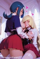 2girls ai_generated ass ass_grab big_ass big_breasts blonde_hair blue_eyes blue_hair blush breast_grab breasts clothes clothing cute cute_face duo exposed_breasts exposed_pussy female female_focus green_eyes lana's_mother_(pokemon) large_ass large_breasts licking_nipples light-skinned_female light_skin long_hair looking_at_viewer lusamine_(pokemon) male multiple_females multiple_girls nipples open_mouth pink_nipples pokemon pussy sexy sexy_body sexy_female younger_female