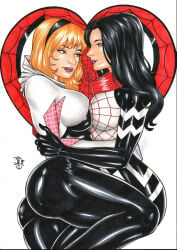 2019 2girls ass big_ass big_breasts black_hair blonde_hair breast_to_breast breasts elberty_(artist) female gwen_stacy lesbian marvel silk_(marvel) skintight spider-gwen spider-man_(series) traditional_media_(artwork)