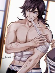 2boys bandaged_arm bandages belt belt_buckle black_hair black_pants blue_eyes commentary_request demon_slayer giyu_tomioka half-closed_eyes highres indoors kimetsu_no_yaiba looking_at_viewer low_ponytail male_focus mouth_hold multiple_boys muscular muscular_male pants ponytail spiked_hair tomioka_giyuu topless_male white_belt