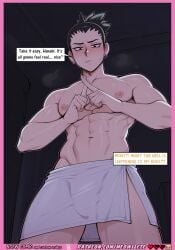 1boy abs ai_assisted ai_generated bara black_hair blush border bulge caption comic comic_page comics cowboy_shot dialogue dominant dominant_male domination ear_piercing earrings english_text from_below hentai index_fingers_together indoors jewelry large_pectorals looking_at_viewer male/female male_focus maledom maledom/femsub manga_page meowllete muscular muscular_male naked_towel nara_shikamaru naruto naruto_(series) naruto_shippuden navel nipples pectorals piercing pink_border ponytail short_hair solo speech_bubble spiked_hair story submissive submissive_female sweatdrop teeth text text_bubble thick_thighs thighs toned topless_male towel uncensored