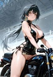 (titancore) ai_generated big_breasts black_dress black_hair curvy_figure cute_girl female girl golden_eyes long_hair motorcycle multicolored_hair my_lady naughty_girl no_panties ponytail pussy pussy_showing revealing_clothes rover_(wuthering_waves) video_game_character white_hair wuthering_waves