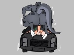 analog_horror big_ass dinosaur dinosaur_girl grey_body human_on_anthro scalie sex_on_car tail vaginal_penetration vaginal_sex workshaper