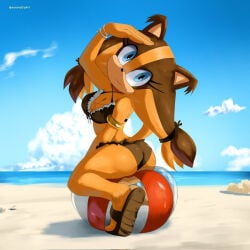 1girl anthro artist_name ass_press badger ball beach black_bikini blue_eyes butt cleavage cloud eyelashed female female_only footwear hi_res inflatable looking_at_viewer mammal medium_breasts mustelid musteline on_ball pool_toy posing sand sandals sea sega shoes sitting sitting_on_ball sitting_on_beach_ball smiling smiling_at_viewer solo solo_female sonic_(series) sonic_boom soranygy squish squishing sticks_the_badger summer swimwear water