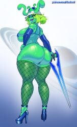 1girls 2d 2d_(artwork) alien alien_girl alien_humanoid armwear artist_name ass back_view big_ass big_breasts big_butt bikini breasts digital_drawing_(artwork) digital_media_(artwork) energy_sword fat_ass fat_butt female female_only fishnet_legwear fishnet_stockings fishnets glistening glistening_ass glistening_body glistening_butt gloopy_(booventhealien) green_hair hat heels high_heels holding_sword holding_weapon humanoid looking_at_viewer looking_back looking_back_at_viewer micro_bikini round_ass round_butt sharp_teeth sideboob solo standing sword thick_thighs thighs tianiseul tongue tongue_out weapon
