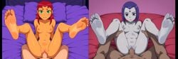 1boy 1girl 2d ai_generated dc dc_comics feet feet_up fully_naked fully_nude legs legs_spread legs_up missionary missionary_position naked nude pov pussy raven_(dc) raven_(teen_titans) sex soles starfire starfire_(teen_titans) straight teen_titans toes vaginal vaginal_penetration vaginal_sex