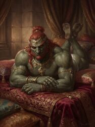 ai_generated daddy dirty dirty_feet evil feet ganondorf ganondorf_(tears_of_the_kingdom) gay gerudo_male jewelry laying_on_stomach legend_of_zelda masculine_male mature_male muscular_male nintendo red_hair solo_male thong villain