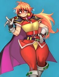 1girls belt belts boots cape cloak earrings ginger gloves hair_intakes hand_on_hip hi_res highres kelvin_hiu lina_inverse looking_at_viewer orange_hair panties_over_bodysuit pendant red_eyes red_hair slayers smug solo thick_thighs two_belts white_boots white_gloves