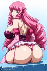 1female 1girl 1girls 2026 ai_generated artist_name ass back bangs bare_shoulders big_ass big_breasts blue_eyes blunt_bangs braid breasts closed_mouth clothing_cutout curvy detached_sleeves drill_hair from_behind garter_straps gloves gradient gradient_background heart_cutout hi_res high_quality high_resolution highres huge_ass huge_breasts large_breasts lipstick long_hair looking_at_viewer looking_back majuu_jouka_shoujo_utea makeup panties patreon patreon_username pink_hair pink_lips pink_thighhighs shiny_skin sitting skirt smile solo thighhighs thong tomonoin_mizuki underwear unjobdespiert watermark web_address white_gloves