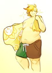 2026 beach_towel belly belly_overhang blonde_hair blonde_male chubby chubby_belly chubby_male deltarune deltarune_chapter_5 digital_art fat fat_belly fat_legs fat_male flowery moobs partially_clothed pretty_boy simple_background smiling smiling_at_viewer sparkles swim_trunks topless topless_male