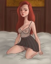 1girls 2017 bed breasts female female_only freckles ginger ginny_weasley harry_potter nipples nipples_visible_through_clothing pubic_hair pussy red_hair skirt solo translucent_clothing trashcat
