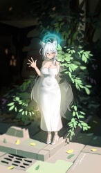 1girl animal_ears big_breasts blue_archive blush choker dress huge_breasts shangdi_de_fa_zhang shiroko_(terror)_(blue_archive) solo solo_female waving_at_viewer wolf_ears wolf_girl