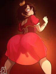 crossdressing crown embarrassed fat_ass glasses no_panties obscured_genitals obscured_penis princess princess_dress semidraws semifemboi_(semidraws) solo solo_male